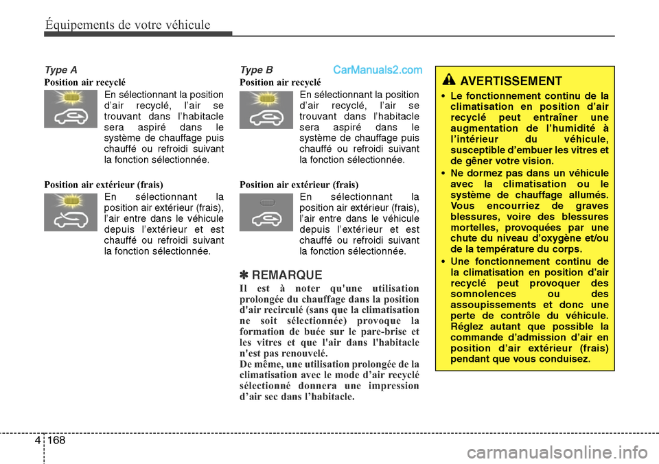 Hyundai Santa Fe 2016 Manuel du propriétaire (in French) 168 4
Équipements de votre véhicule
Type A
Position air recyclé
En sélectionnant la position
d’air recyclé, l’air se
trouvant dans l’habitacle
sera aspiré dans le
système de chauffage pui Hyundai Santa Fe 2016 Manuel du propriétaire (in French) 168 4
Équipements de votre véhicule
Type A
Position air recyclé
En sélectionnant la position
d’air recyclé, l’air se
trouvant dans l’habitacle
sera aspiré dans le
système de chauffage pui