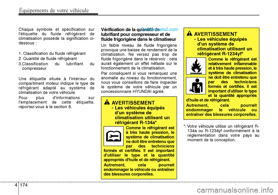 Hyundai Santa Fe 2016 Manuel du propriétaire (in French) 174 4
Équipements de votre véhicule
Chaque symbole et spécification sur
létiquette du fluide réfrigérant de
climatisation possède la signification ci-
dessous :
1. Classification du fluide ré Hyundai Santa Fe 2016 Manuel du propriétaire (in French) 174 4
Équipements de votre véhicule
Chaque symbole et spécification sur
létiquette du fluide réfrigérant de
climatisation possède la signification ci-
dessous :
1. Classification du fluide ré
