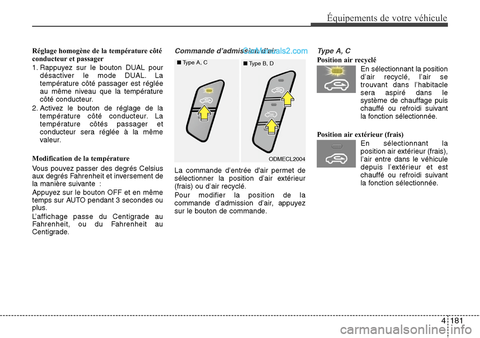 Hyundai Santa Fe 2016 Manuel du propriétaire (in French) 4181
Équipements de votre véhicule
Réglage homogène de la température côté
conducteur et passager
1. Rappuyez sur le bouton DUAL pour
désactiver le mode DUAL. La
température côté passager e Hyundai Santa Fe 2016 Manuel du propriétaire (in French) 4181
Équipements de votre véhicule
Réglage homogène de la température côté
conducteur et passager
1. Rappuyez sur le bouton DUAL pour
désactiver le mode DUAL. La
température côté passager e