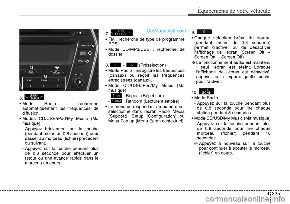 Hyundai Santa Fe 2016 Manuel du propriétaire (in French) 4225
Équipements de votre véhicule
6.
• Mode Radio : recherche
automatiquement les fréquences de
diffusion.
• Modes CD/USB/iPod/My Music (Ma
musique)
- Appuyez brièvement sur la touche
(pendan Hyundai Santa Fe 2016 Manuel du propriétaire (in French) 4225
Équipements de votre véhicule
6.
• Mode Radio : recherche
automatiquement les fréquences de
diffusion.
• Modes CD/USB/iPod/My Music (Ma
musique)
- Appuyez brièvement sur la touche
(pendan