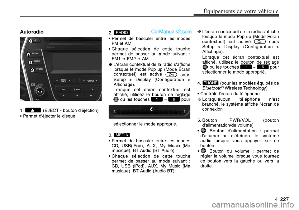 Hyundai Santa Fe 2016 Manuel du propriétaire (in French) 4227
Équipements de votre véhicule
Autoradio
1. (EJECT - bouton déjection)
• Permet déjecter le disque.2.
• Permet de basculer entre les modes
FM et AM.
• Chaque sélection de cette touche Hyundai Santa Fe 2016 Manuel du propriétaire (in French) 4227
Équipements de votre véhicule
Autoradio
1. (EJECT - bouton déjection)
• Permet déjecter le disque.2.
• Permet de basculer entre les modes
FM et AM.
• Chaque sélection de cette touche