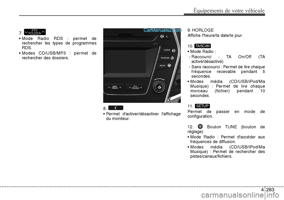 Hyundai Santa Fe 2016 Manuel du propriétaire (in French) 4283
Équipements de votre véhicule
7.
• Mode Radio RDS : permet de
rechercher les types de programmes
RDS.
• Modes CD/USB/MP3 : permet de
rechercher des dossiers.
8.
• Permet dactiver/désact Hyundai Santa Fe 2016 Manuel du propriétaire (in French) 4283
Équipements de votre véhicule
7.
• Mode Radio RDS : permet de
rechercher les types de programmes
RDS.
• Modes CD/USB/MP3 : permet de
rechercher des dossiers.
8.
• Permet dactiver/désact