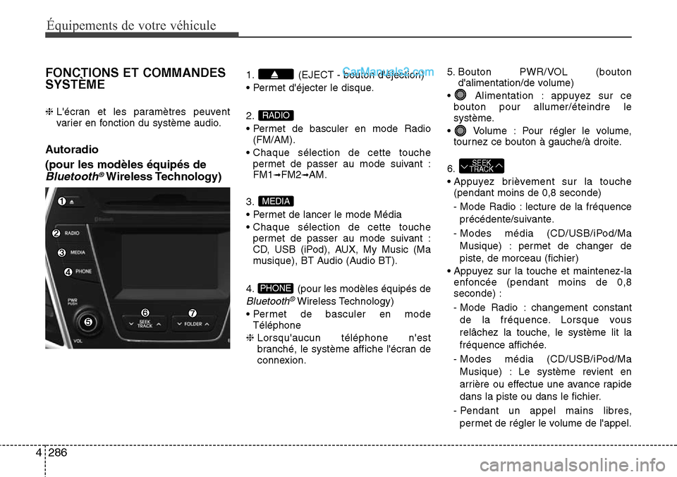 Hyundai Santa Fe 2016 Manuel du propriétaire (in French) 286 4
Équipements de votre véhicule
FONCTIONS ET COMMANDES
SYSTÈME
❈ Lécran et les paramètres peuvent
varier en fonction du système audio.
Autoradio
(pour les modèles équipés de
Bluetooth Hyundai Santa Fe 2016 Manuel du propriétaire (in French) 286 4
Équipements de votre véhicule
FONCTIONS ET COMMANDES
SYSTÈME
❈ Lécran et les paramètres peuvent
varier en fonction du système audio.
Autoradio
(pour les modèles équipés de
Bluetooth