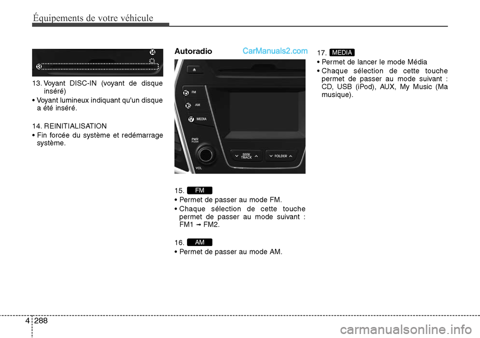Hyundai Santa Fe 2016 Manuel du propriétaire (in French) 288 4
Équipements de votre véhicule
13. Voyant DISC-IN (voyant de disque
inséré)
• Voyant lumineux indiquant quun disque
a été inséré.
14. REINITIALISATION
• Fin forcée du système et re Hyundai Santa Fe 2016 Manuel du propriétaire (in French) 288 4
Équipements de votre véhicule
13. Voyant DISC-IN (voyant de disque
inséré)
• Voyant lumineux indiquant quun disque
a été inséré.
14. REINITIALISATION
• Fin forcée du système et re