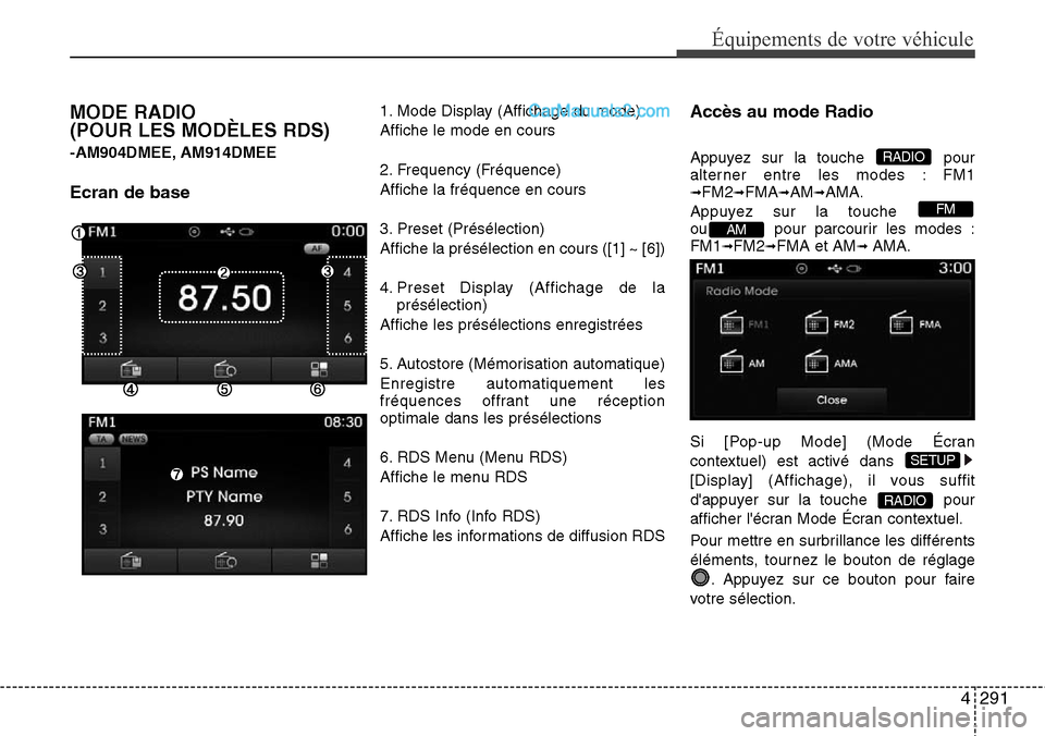 Hyundai Santa Fe 2016 Manuel du propriétaire (in French) 4291
Équipements de votre véhicule
MODE RADIO
(POUR LES MODÈLES RDS)
-AM904DMEE, AM914DMEE
Ecran de base
1. Mode Display (Affichage du mode)
Affiche le mode en cours
2. Frequency (Fréquence)
Affi Hyundai Santa Fe 2016 Manuel du propriétaire (in French) 4291
Équipements de votre véhicule
MODE RADIO
(POUR LES MODÈLES RDS)
-AM904DMEE, AM914DMEE
Ecran de base
1. Mode Display (Affichage du mode)
Affiche le mode en cours
2. Frequency (Fréquence)
Affi