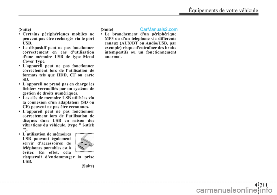 Hyundai Santa Fe 2016 Manuel du propriétaire (in French) 4311
Équipements de votre véhicule
(Suite)
• Certains périphériques mobiles ne
peuvent pas être rechargés via le port
USB.
• Le dispositif peut ne pas fonctionner
correctement en cas dutili Hyundai Santa Fe 2016 Manuel du propriétaire (in French) 4311
Équipements de votre véhicule
(Suite)
• Certains périphériques mobiles ne
peuvent pas être rechargés via le port
USB.
• Le dispositif peut ne pas fonctionner
correctement en cas dutili