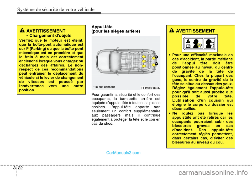 Hyundai Santa Fe 2016  Manuel du propriétaire (in French) Système de sécurité de votre véhicule 
22 3
Appui-tête
(pour les sièges arrière)
Pour garantir la sécurité et le confort des
occupants, la banquette arrière est
équipée dappuie-tête à t