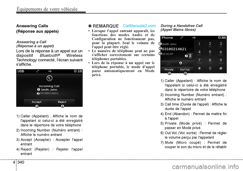 Hyundai Santa Fe 2016  Manuel du propriétaire (in French) 340 4
Équipements de votre véhicule
Answering Calls 
(Réponse aux appels)
Answering a Call 
(Réponse à un appel)
Lors de la réponse à un appel sur un
dispositif 
Bluetooth®Wireless
Technology 