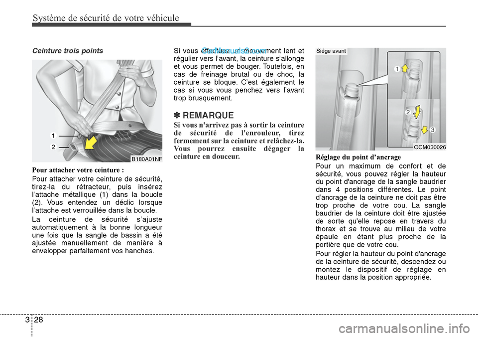 Hyundai Santa Fe 2016  Manuel du propriétaire (in French) Système de sécurité de votre véhicule 
28 3
Ceinture trois points
Pour attacher votre ceinture :
Pour attacher votre ceinture de sécurité,
tirez-la du rétracteur, puis insérez
l’attache mét