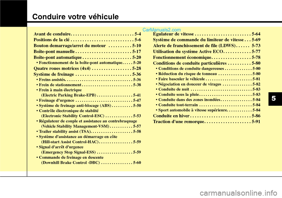 Hyundai Santa Fe 2016  Manuel du propriétaire (in French) Conduire votre véhicule 
Avant de conduire. . . . . . . . . . . . . . . . . . . . . . . . . . . 5-4
Positions de la clé . . . . . . . . . . . . . . . . . . . . . . . . . . . 5-6
Bouton demarrage/arr
