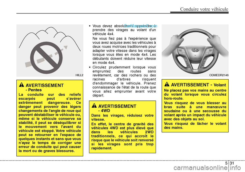 Hyundai Santa Fe 2016 Manuel du propriétaire (in French) 531
Conduire votre véhicule
• Vous devez absolument apprendre à
prendre des virages au volant dun
véhicule 4x4.
Ne vous fiez pas à lexpérience que
vous avez acquise avec les véhicules à
deu Hyundai Santa Fe 2016 Manuel du propriétaire (in French) 531
Conduire votre véhicule
• Vous devez absolument apprendre à
prendre des virages au volant dun
véhicule 4x4.
Ne vous fiez pas à lexpérience que
vous avez acquise avec les véhicules à
deu