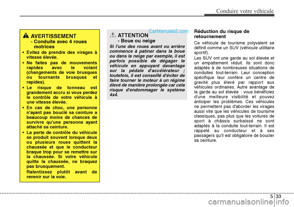 Hyundai Santa Fe 2016 Manuel du propriétaire (in French) 533
Conduire votre véhicule
Réduction du risque de
retournement
Ce véhicule de tourisme polyvalent se
définit comme un SUV (véhicule utilitaire
sportif).
Les SUV ont une garde au sol élevée et
Hyundai Santa Fe 2016 Manuel du propriétaire (in French) 533
Conduire votre véhicule
Réduction du risque de
retournement
Ce véhicule de tourisme polyvalent se
définit comme un SUV (véhicule utilitaire
sportif).
Les SUV ont une garde au sol élevée et