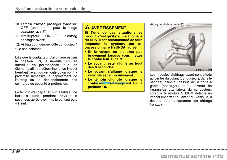 Hyundai Santa Fe 2016  Manuel du propriétaire (in French) Système de sécurité de votre véhicule
56 3
10. Témoin dairbag passager avant sur
OFF (uniquement pour le siège
passager avant)*
11. Interrupteur ON/OFF dairbag
passager avant*
12. Airbag pour 