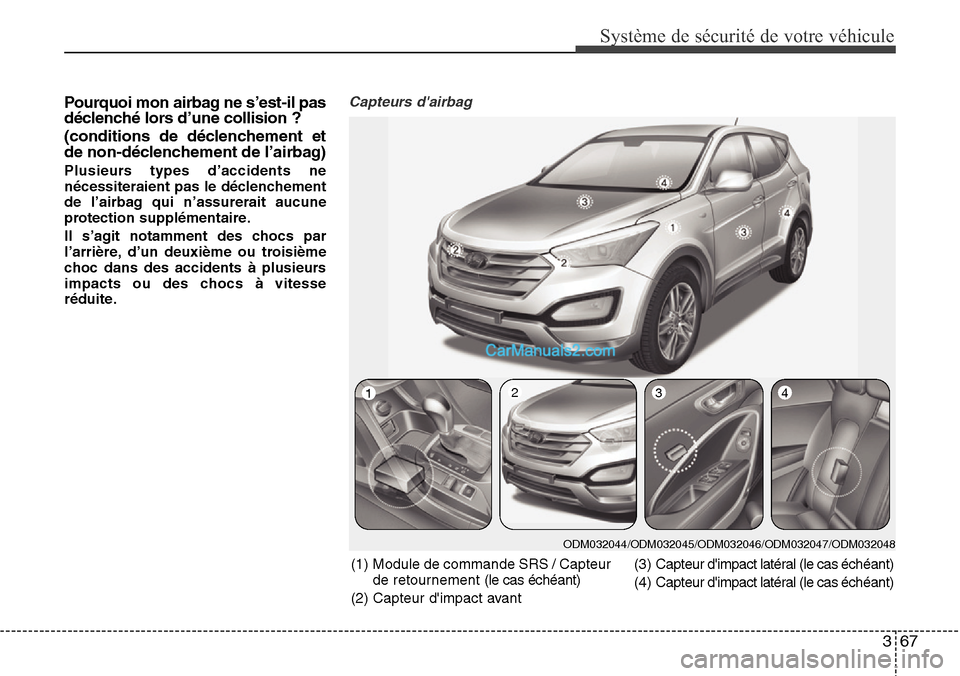 Hyundai Santa Fe 2016  Manuel du propriétaire (in French) 367
Système de sécurité de votre véhicule 
Pourquoi mon airbag ne s’est-il pas
déclenché lors d’une collision ? 
(conditions de déclenchement et
de non-déclenchement de l’airbag)
Plusieu