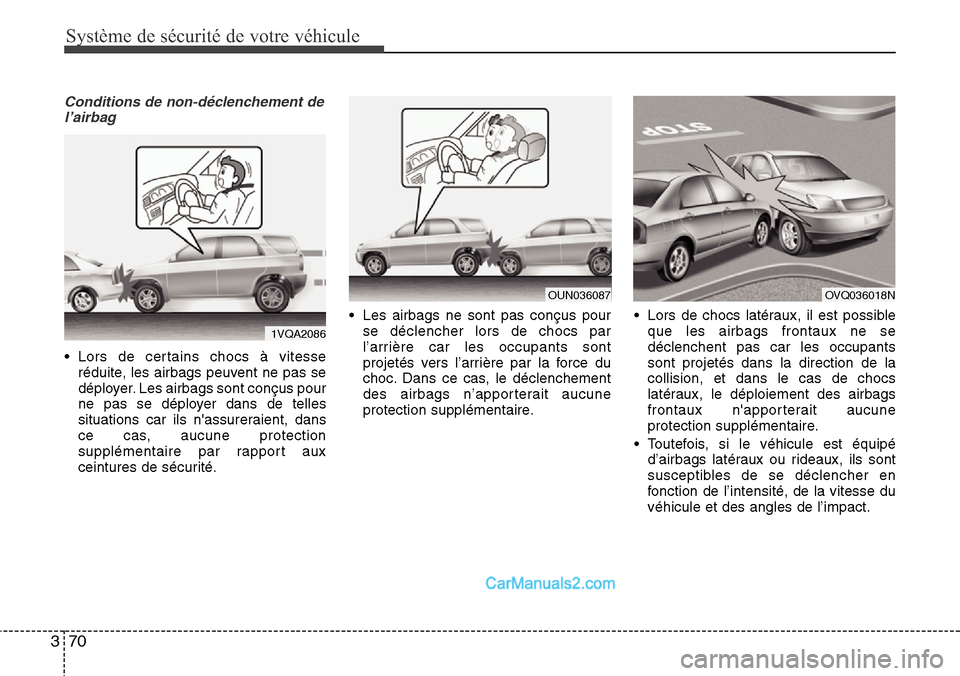 Hyundai Santa Fe 2016 Manuel du propriétaire (in French) Système de sécurité de votre véhicule
70 3
Conditions de non-déclenchement de
l’airbag
• Lors de certains chocs à vitesse
réduite, les airbags peuvent ne pas se
déployer. Les airbags sont Hyundai Santa Fe 2016 Manuel du propriétaire (in French) Système de sécurité de votre véhicule
70 3
Conditions de non-déclenchement de
l’airbag
• Lors de certains chocs à vitesse
réduite, les airbags peuvent ne pas se
déployer. Les airbags sont
