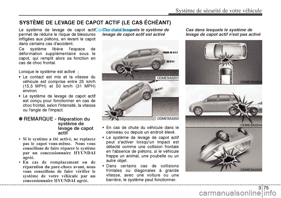 Hyundai Santa Fe 2016 Manuel du propriétaire (in French) 375
Système de sécurité de votre véhicule
SYSTÈME DE LEVAGE DE CAPOT ACTIF (LE CAS ÉCHÉANT)
Le système de levage de capot actif
permet de réduire le risque de blessures
infligées aux piéto Hyundai Santa Fe 2016 Manuel du propriétaire (in French) 375
Système de sécurité de votre véhicule
SYSTÈME DE LEVAGE DE CAPOT ACTIF (LE CAS ÉCHÉANT)
Le système de levage de capot actif
permet de réduire le risque de blessures
infligées aux piéto