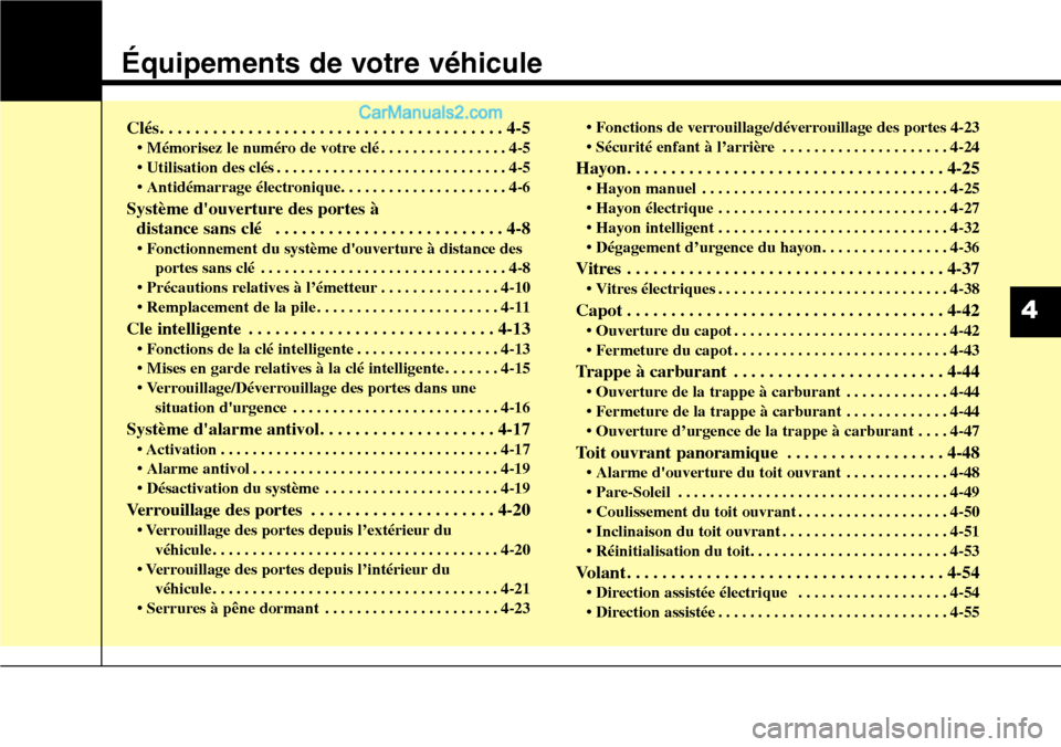Hyundai Santa Fe 2016 Manuel du propriétaire (in French) Équipements de votre véhicule
Clés. . . . . . . . . . . . . . . . . . . . . . . . . . . . . . . . . . . . . . . 4-5
• Mémorisez le numéro de votre clé . . . . . . . . . . . . . . . . 4-5
• U Hyundai Santa Fe 2016 Manuel du propriétaire (in French) Équipements de votre véhicule
Clés. . . . . . . . . . . . . . . . . . . . . . . . . . . . . . . . . . . . . . . 4-5
• Mémorisez le numéro de votre clé . . . . . . . . . . . . . . . . 4-5
• U