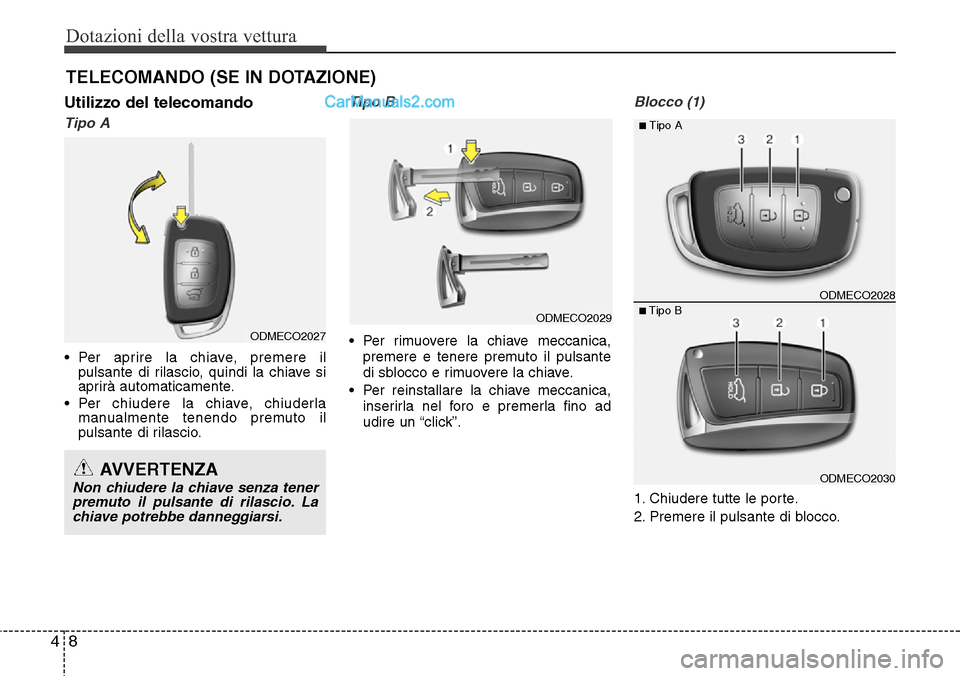Hyundai Santa Fe 2016 Manuale del proprietario (in Italian) Dotazioni della vostra vettura
8 4
TELECOMANDO (SE IN DOTAZIONE)
Utilizzo del telecomando
Tipo A
• Per aprire la chiave, premere il
pulsante di rilascio, quindi la chiave si
aprirà automaticamente Hyundai Santa Fe 2016 Manuale del proprietario (in Italian) Dotazioni della vostra vettura
8 4
TELECOMANDO (SE IN DOTAZIONE)
Utilizzo del telecomando
Tipo A
• Per aprire la chiave, premere il
pulsante di rilascio, quindi la chiave si
aprirà automaticamente