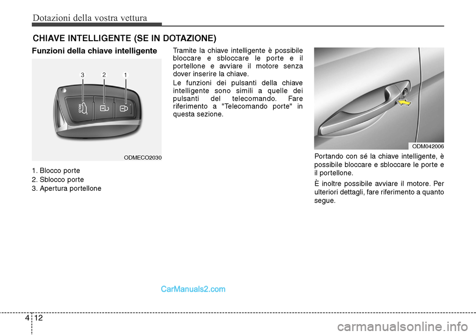 Hyundai Santa Fe 2016 Manuale del proprietario (in Italian) Dotazioni della vostra vettura
12 4
Funzioni della chiave intelligente
1. Blocco porte
2. Sblocco porte
3. Apertura portelloneTramite la chiave intelligente è possibile
bloccare e sbloccare le porte Hyundai Santa Fe 2016 Manuale del proprietario (in Italian) Dotazioni della vostra vettura
12 4
Funzioni della chiave intelligente
1. Blocco porte
2. Sblocco porte
3. Apertura portelloneTramite la chiave intelligente è possibile
bloccare e sbloccare le porte