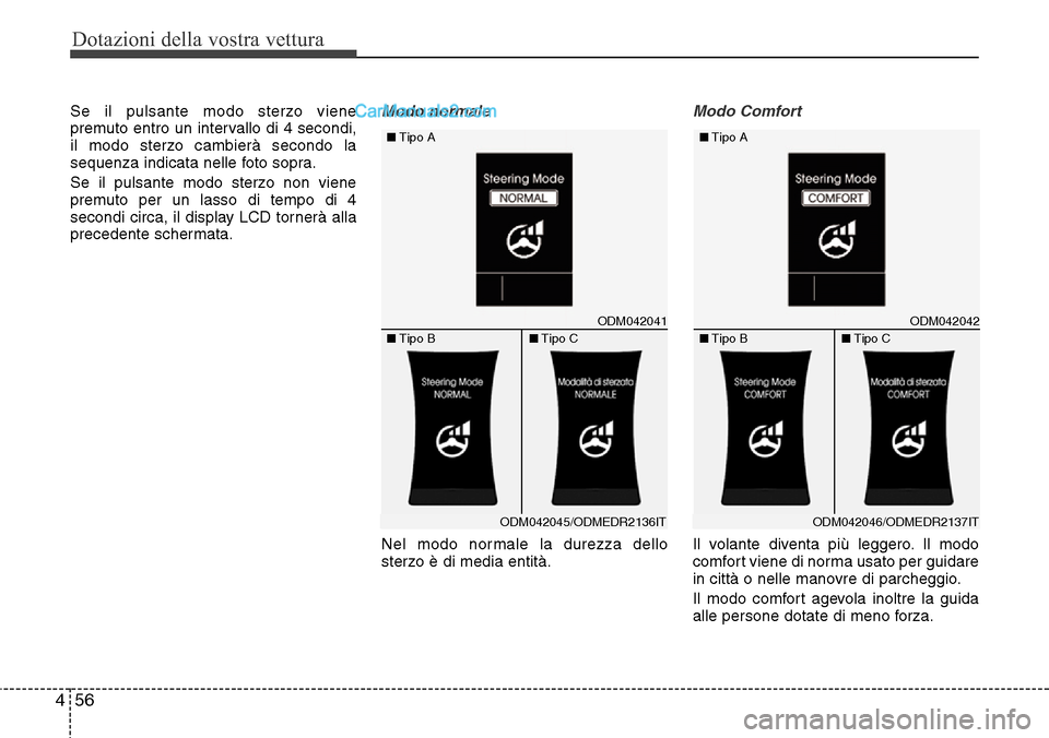 Hyundai Santa Fe 2016 Manuale del proprietario (in Italian) Dotazioni della vostra vettura
56 4
Se il pulsante modo sterzo viene
premuto entro un intervallo di 4 secondi,
il modo sterzo cambierà secondo la
sequenza indicata nelle foto sopra.
Se il pulsante mo Hyundai Santa Fe 2016 Manuale del proprietario (in Italian) Dotazioni della vostra vettura
56 4
Se il pulsante modo sterzo viene
premuto entro un intervallo di 4 secondi,
il modo sterzo cambierà secondo la
sequenza indicata nelle foto sopra.
Se il pulsante mo