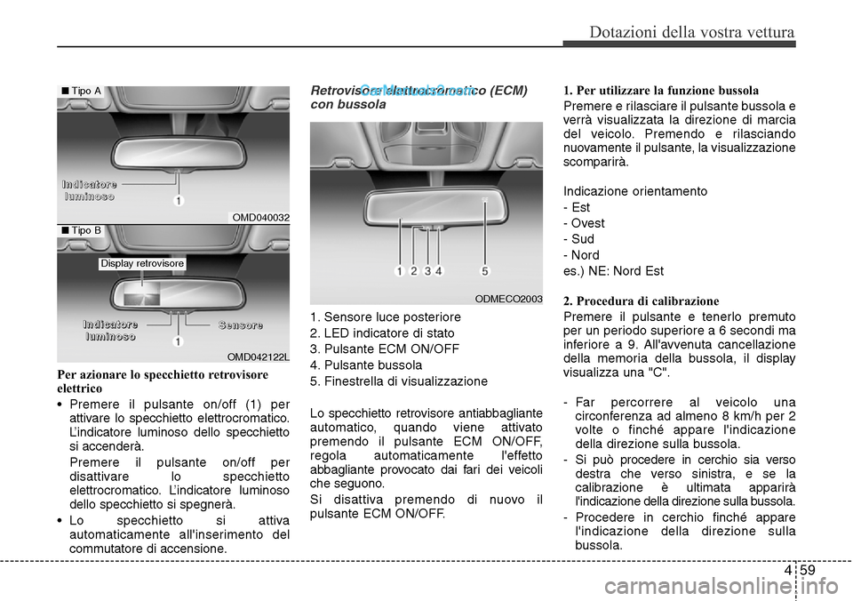 Hyundai Santa Fe 2016 Manuale del proprietario (in Italian) 459
Dotazioni della vostra vettura
Per azionare lo specchietto retrovisore
elettrico
• Premere il pulsante on/off (1) per
attivare lo specchietto elettrocromatico.
L’indicatore luminoso dello spec Hyundai Santa Fe 2016 Manuale del proprietario (in Italian) 459
Dotazioni della vostra vettura
Per azionare lo specchietto retrovisore
elettrico
• Premere il pulsante on/off (1) per
attivare lo specchietto elettrocromatico.
L’indicatore luminoso dello spec