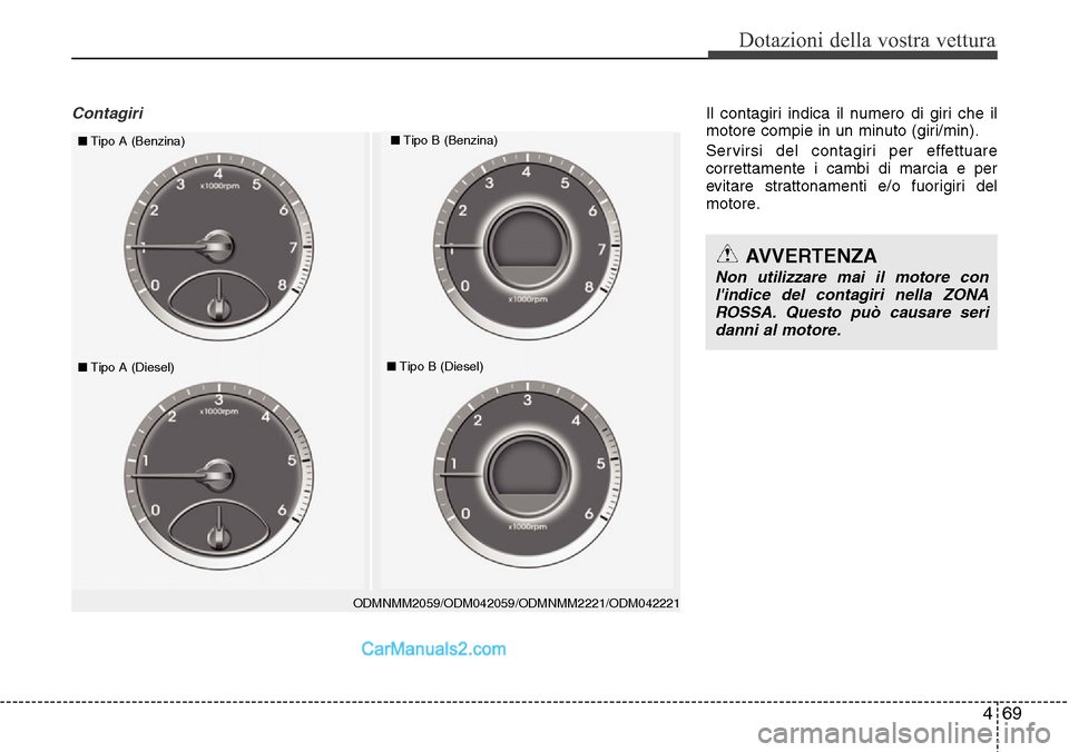 Hyundai Santa Fe 2016 Manuale del proprietario (in Italian) 469
Dotazioni della vostra vettura
Contagiri
ODMNMM2059/ODM042059/ODMNMM2221/ODM042221
■Tipo A (Benzina)■Tipo B (Benzina)
■Tipo A (Diesel)■Tipo B (Diesel)
AVVERTENZA
Non utilizzare mai il moto Hyundai Santa Fe 2016 Manuale del proprietario (in Italian) 469
Dotazioni della vostra vettura
Contagiri
ODMNMM2059/ODM042059/ODMNMM2221/ODM042221
■Tipo A (Benzina)■Tipo B (Benzina)
■Tipo A (Diesel)■Tipo B (Diesel)
AVVERTENZA
Non utilizzare mai il moto