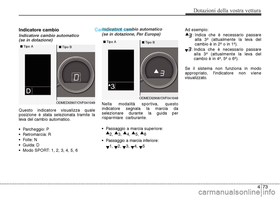 Hyundai Santa Fe 2016 Manuale del proprietario (in Italian) 473
Dotazioni della vostra vettura
Indicatore cambio
Indicatore cambio automatico
(se in dotazione)
Questo indicatore visualizza quale
posizione è stata selezionata tramite la
leva del cambio automa Hyundai Santa Fe 2016 Manuale del proprietario (in Italian) 473
Dotazioni della vostra vettura
Indicatore cambio
Indicatore cambio automatico
(se in dotazione)
Questo indicatore visualizza quale
posizione è stata selezionata tramite la
leva del cambio automa
