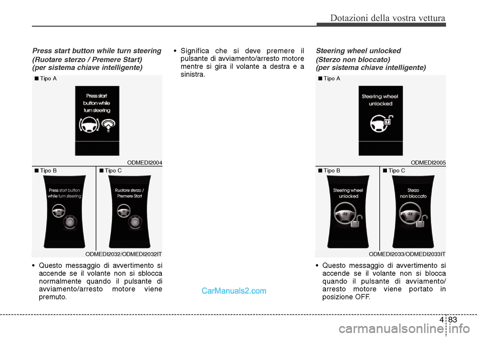 Hyundai Santa Fe 2016 Manuale del proprietario (in Italian) 483
Dotazioni della vostra vettura
Press start button while turn steering
(Ruotare sterzo / Premere Start)
(per sistema chiave intelligente)
• Questo messaggio di avvertimento si
accende se il vola Hyundai Santa Fe 2016 Manuale del proprietario (in Italian) 483
Dotazioni della vostra vettura
Press start button while turn steering
(Ruotare sterzo / Premere Start)
(per sistema chiave intelligente)
• Questo messaggio di avvertimento si
accende se il vola