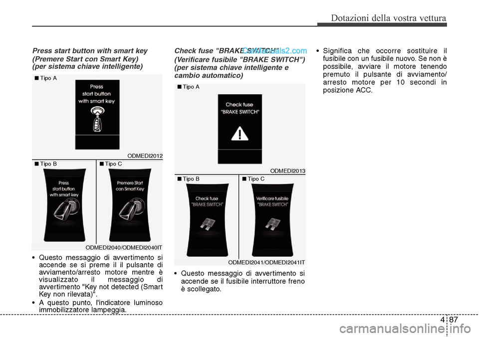 Hyundai Santa Fe 2016  Manuale del proprietario (in Italian) 487
Dotazioni della vostra vettura
Press start button with smart key
(Premere Start con Smart Key) 
(per sistema chiave intelligente)
• Questo messaggio di avvertimento si
accende se si preme il il 