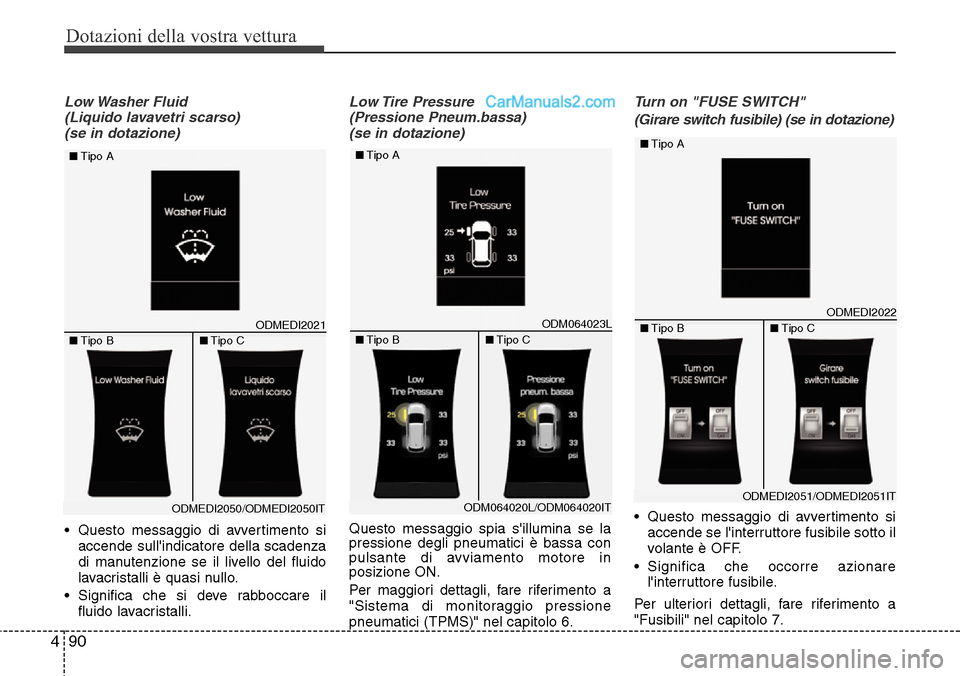 Hyundai Santa Fe 2016  Manuale del proprietario (in Italian) Dotazioni della vostra vettura
90 4
Low Washer  Fluid 
(Liquido lavavetri scarso) 
(se in dotazione)
• Questo messaggio di avvertimento si
accende sullindicatore della scadenza
di manutenzione se i
