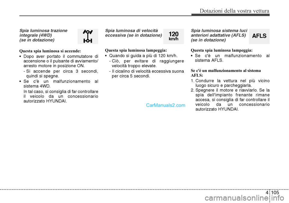 Hyundai Santa Fe 2016 Manuale del proprietario (in Italian) 4 105
Dotazioni della vostra vettura
Spia luminosa trazione
integrale (4WD)
(se in dotazione)
Questa spia luminosa si accende:
• Dopo aver portato il commutatore di
accensione o il pulsante di avvi Hyundai Santa Fe 2016 Manuale del proprietario (in Italian) 4 105
Dotazioni della vostra vettura
Spia luminosa trazione
integrale (4WD)
(se in dotazione)
Questa spia luminosa si accende:
• Dopo aver portato il commutatore di
accensione o il pulsante di avvi