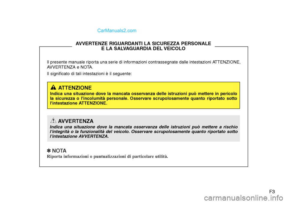Hyundai Santa Fe 2016 Manuale del proprietario (in Italian) F3
Il presente manuale riporta una serie di informazioni contrassegnate dalle intestazioni ATTENZIONE,
AVVERTENZA e NOTA.
Il significato di tali intestazioni è il seguente:
✽ NOTA
Riporta informazi Hyundai Santa Fe 2016 Manuale del proprietario (in Italian) F3
Il presente manuale riporta una serie di informazioni contrassegnate dalle intestazioni ATTENZIONE,
AVVERTENZA e NOTA.
Il significato di tali intestazioni è il seguente:
✽ NOTA
Riporta informazi