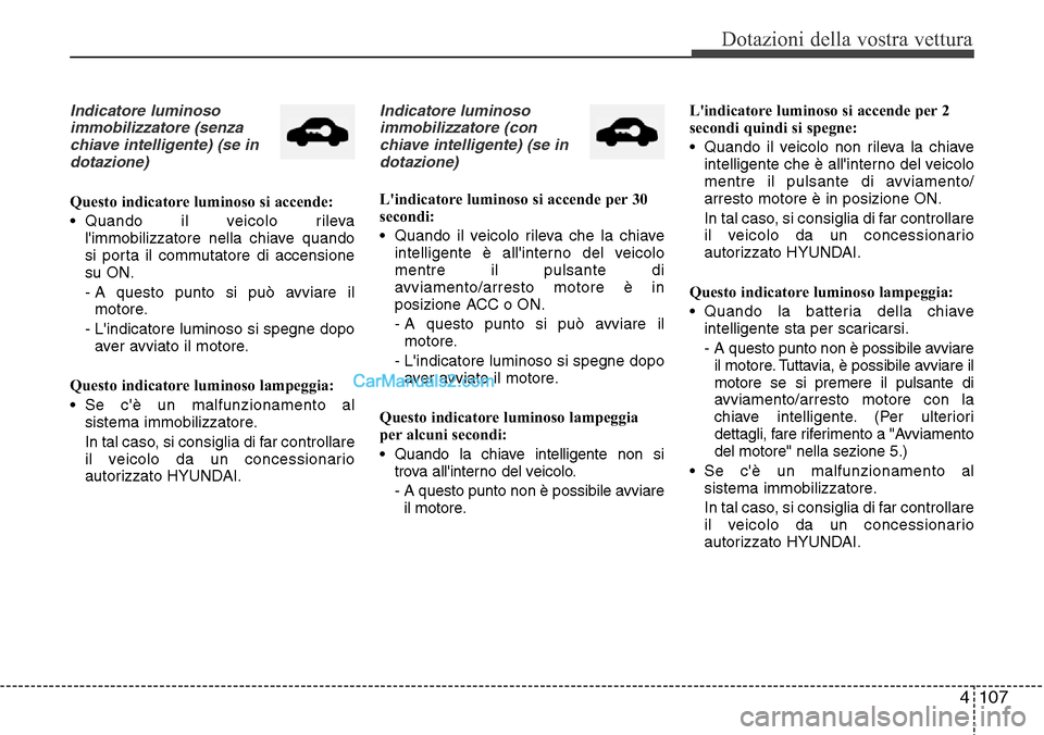 Hyundai Santa Fe 2016 Manuale del proprietario (in Italian) 4 107
Dotazioni della vostra vettura
Indicatore luminoso
immobilizzatore (senza
chiave intelligente) (se in
dotazione)
Questo indicatore luminoso si accende:
• Quando il veicolo rileva
limmobilizza Hyundai Santa Fe 2016 Manuale del proprietario (in Italian) 4 107
Dotazioni della vostra vettura
Indicatore luminoso
immobilizzatore (senza
chiave intelligente) (se in
dotazione)
Questo indicatore luminoso si accende:
• Quando il veicolo rileva
limmobilizza