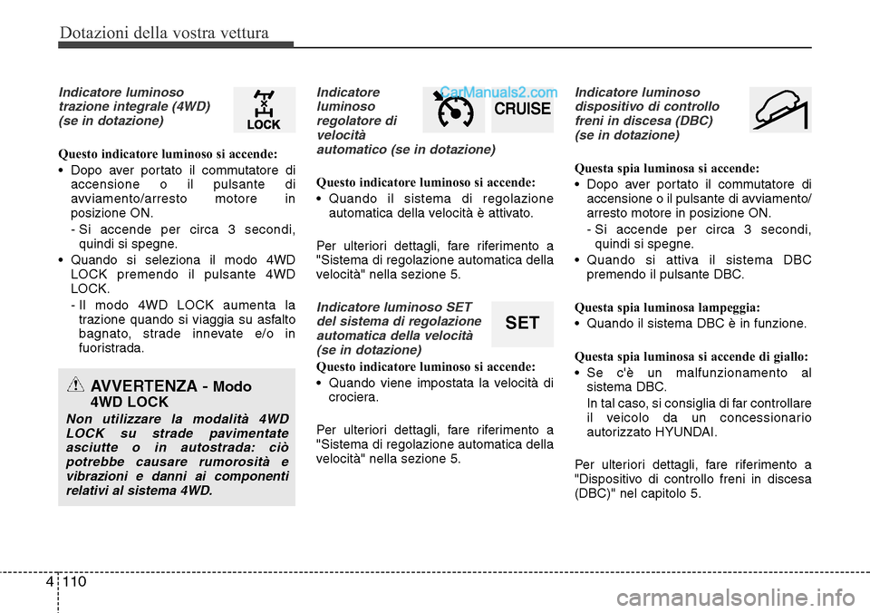 Hyundai Santa Fe 2016 Manuale del proprietario (in Italian) Dotazioni della vostra vettura
110 4
Indicatore luminoso
trazione integrale (4WD)
(se in dotazione)
Questo indicatore luminoso si accende:
• Dopo aver portato il commutatore di
accensione o il pulsa Hyundai Santa Fe 2016 Manuale del proprietario (in Italian) Dotazioni della vostra vettura
110 4
Indicatore luminoso
trazione integrale (4WD)
(se in dotazione)
Questo indicatore luminoso si accende:
• Dopo aver portato il commutatore di
accensione o il pulsa