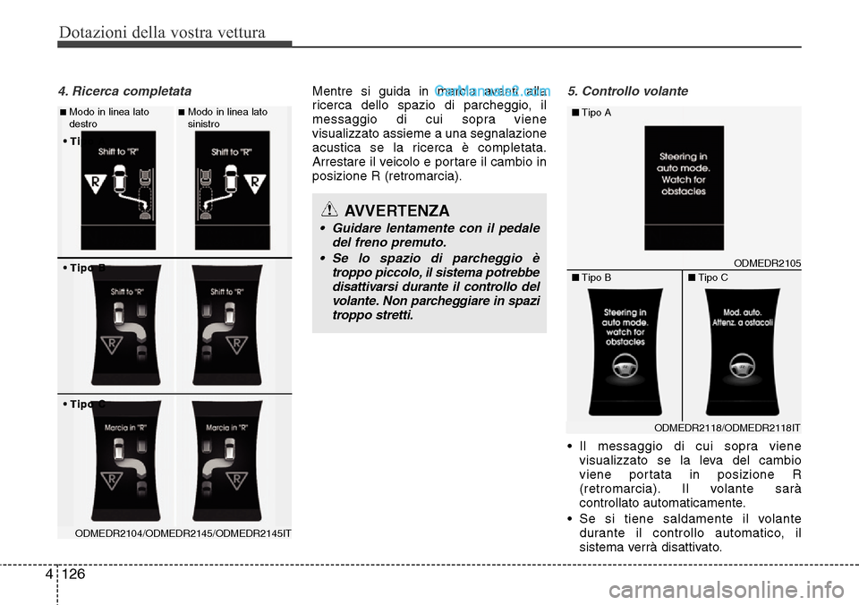 Hyundai Santa Fe 2016 Manuale del proprietario (in Italian) Dotazioni della vostra vettura
126 4
4. Ricerca completata Mentre si guida in marcia avanti alla
ricerca dello spazio di parcheggio, il
messaggio di cui sopra viene
visualizzato assieme a una segnalaz Hyundai Santa Fe 2016 Manuale del proprietario (in Italian) Dotazioni della vostra vettura
126 4
4. Ricerca completata Mentre si guida in marcia avanti alla
ricerca dello spazio di parcheggio, il
messaggio di cui sopra viene
visualizzato assieme a una segnalaz