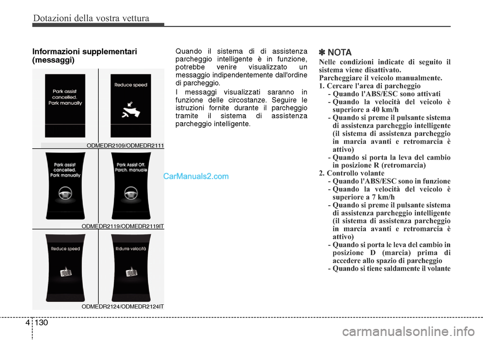 Hyundai Santa Fe 2016 Manuale del proprietario (in Italian) Dotazioni della vostra vettura
130 4
Informazioni supplementari
(messaggi)Quando il sistema di di assistenza
parcheggio intelligente è in funzione,
potrebbe venire visualizzato un
messaggio indipende Hyundai Santa Fe 2016 Manuale del proprietario (in Italian) Dotazioni della vostra vettura
130 4
Informazioni supplementari
(messaggi)Quando il sistema di di assistenza
parcheggio intelligente è in funzione,
potrebbe venire visualizzato un
messaggio indipende