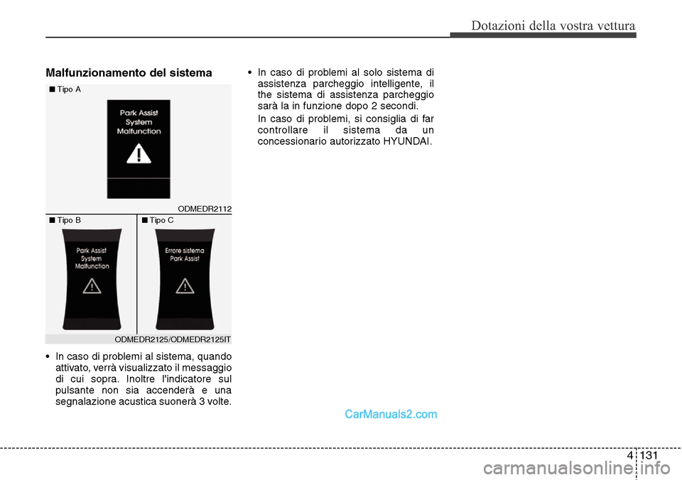 Hyundai Santa Fe 2016 Manuale del proprietario (in Italian) 4 131
Dotazioni della vostra vettura
Malfunzionamento del sistema
• In caso di problemi al sistema, quando
attivato, verrà visualizzato il messaggio
di cui sopra. Inoltre lindicatore sul
pulsante Hyundai Santa Fe 2016 Manuale del proprietario (in Italian) 4 131
Dotazioni della vostra vettura
Malfunzionamento del sistema
• In caso di problemi al sistema, quando
attivato, verrà visualizzato il messaggio
di cui sopra. Inoltre lindicatore sul
pulsante