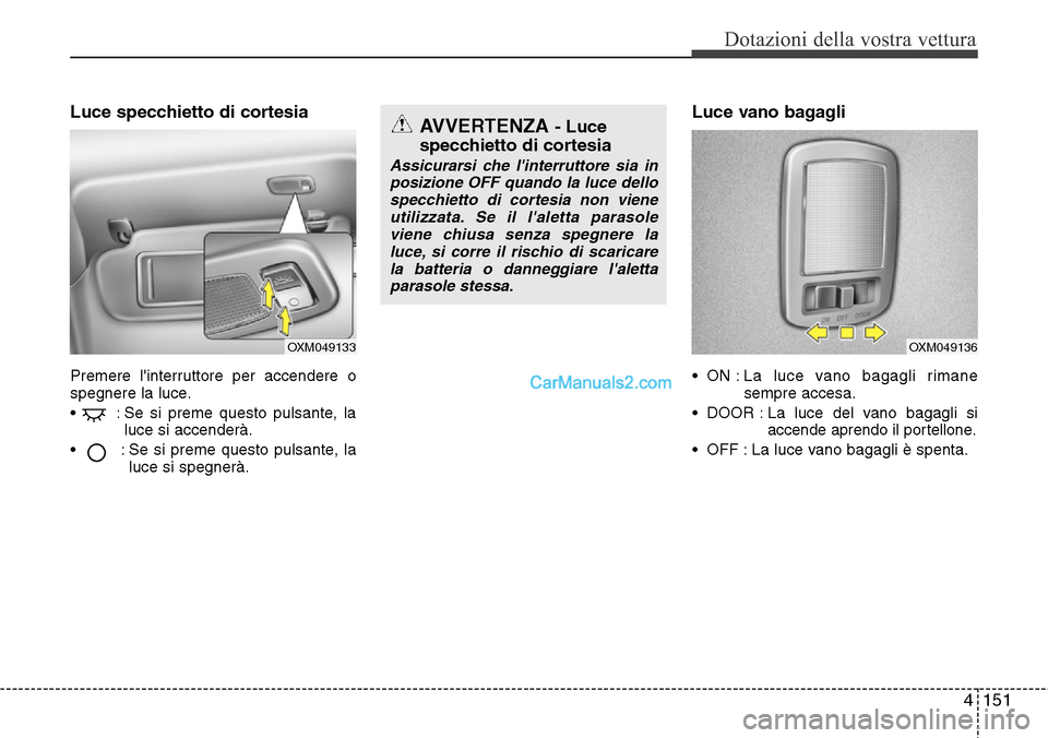 Hyundai Santa Fe 2016  Manuale del proprietario (in Italian) 4151
Dotazioni della vostra vettura
Luce specchietto di cortesia 
Premere linterruttore per accendere o
spegnere la luce.
• : Se si preme questo pulsante, la
luce si accenderà.
•  : Se si preme 
