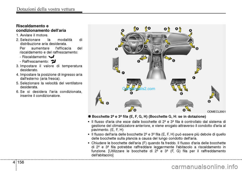 Hyundai Santa Fe 2016 Manuale del proprietario (in Italian) Dotazioni della vostra vettura
156 4
Riscaldamento e
condizionamento dellaria
1. Avviare il motore.
2. Selezionare la modalità di
distribuzione aria desiderata.
Per aumentare lefficacia del
riscal Hyundai Santa Fe 2016 Manuale del proprietario (in Italian) Dotazioni della vostra vettura
156 4
Riscaldamento e
condizionamento dellaria
1. Avviare il motore.
2. Selezionare la modalità di
distribuzione aria desiderata.
Per aumentare lefficacia del
riscal
