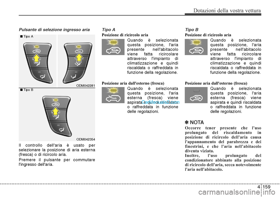 Hyundai Santa Fe 2016 Manuale del proprietario (in Italian) 4159
Dotazioni della vostra vettura
Pulsante di selezione ingresso aria
Il controllo dellaria è usato per
selezionare la posizione di aria esterna
(fresca) o di ricircolo aria.
Premere il pulsante p Hyundai Santa Fe 2016 Manuale del proprietario (in Italian) 4159
Dotazioni della vostra vettura
Pulsante di selezione ingresso aria
Il controllo dellaria è usato per
selezionare la posizione di aria esterna
(fresca) o di ricircolo aria.
Premere il pulsante p