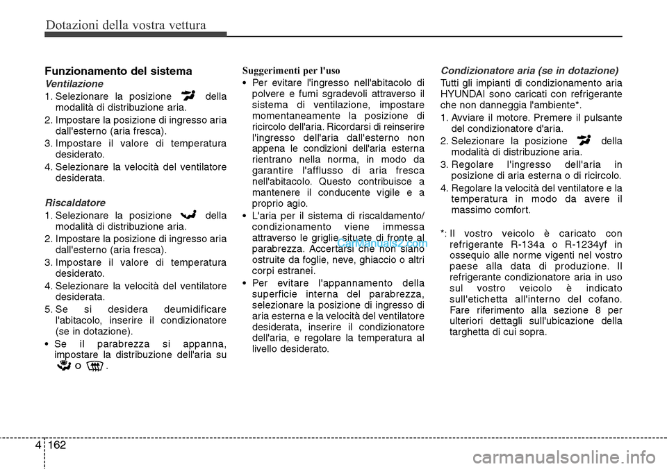 Hyundai Santa Fe 2016 Manuale del proprietario (in Italian) Dotazioni della vostra vettura
162 4
Funzionamento del sistema
Ventilazione
1. Selezionare la posizione della
modalità di distribuzione aria.
2. Impostare la posizione di ingresso aria
dallesterno Hyundai Santa Fe 2016 Manuale del proprietario (in Italian) Dotazioni della vostra vettura
162 4
Funzionamento del sistema
Ventilazione
1. Selezionare la posizione della
modalità di distribuzione aria.
2. Impostare la posizione di ingresso aria
dallesterno