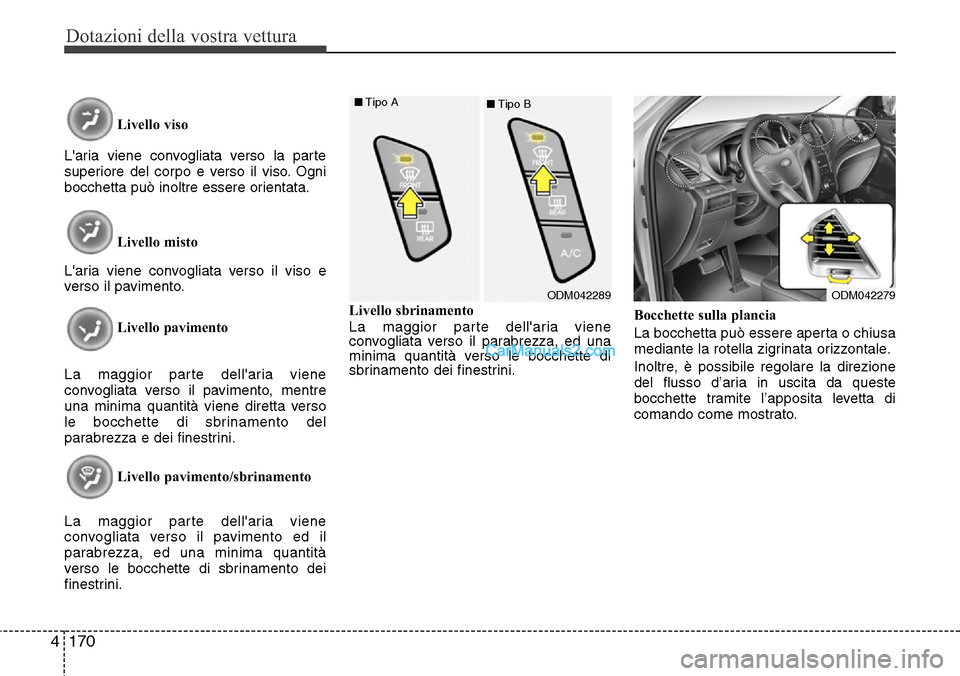 Hyundai Santa Fe 2016  Manuale del proprietario (in Italian) Dotazioni della vostra vettura
170 4
Livello viso
Laria viene convogliata verso la parte
superiore del corpo e verso il viso. Ogni
bocchetta può inoltre essere orientata.
Livello misto
Laria viene 