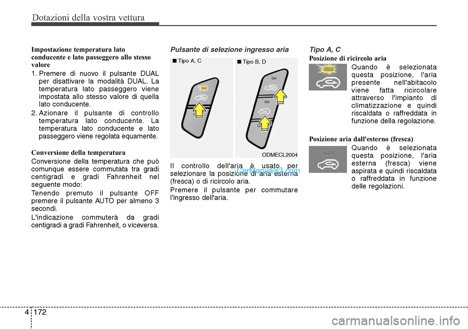 Hyundai Santa Fe 2016  Manuale del proprietario (in Italian) Dotazioni della vostra vettura
172 4
Impostazione temperatura lato
conducente e lato passeggero allo stesso
valore
1. Premere di nuovo il pulsante DUAL
per disattivare la modalità DUAL. La
temperatur