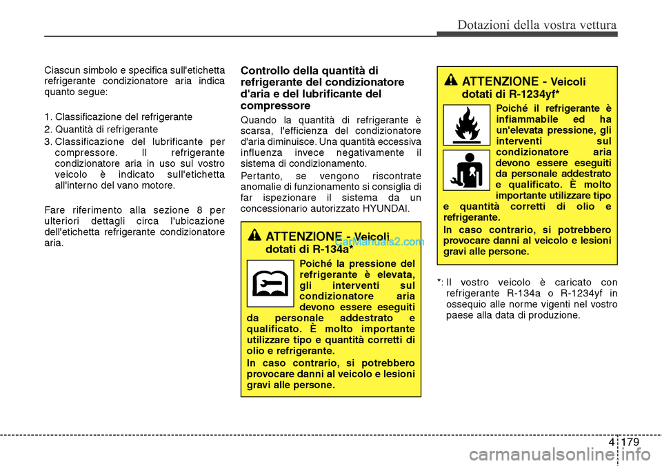 Hyundai Santa Fe 2016 Manuale del proprietario (in Italian) 4179
Dotazioni della vostra vettura
Ciascun simbolo e specifica sulletichetta
refrigerante condizionatore aria indica
quanto segue:
1. Classificazione del refrigerante
2. Quantità di refrigerante
3. Hyundai Santa Fe 2016 Manuale del proprietario (in Italian) 4179
Dotazioni della vostra vettura
Ciascun simbolo e specifica sulletichetta
refrigerante condizionatore aria indica
quanto segue:
1. Classificazione del refrigerante
2. Quantità di refrigerante
3.