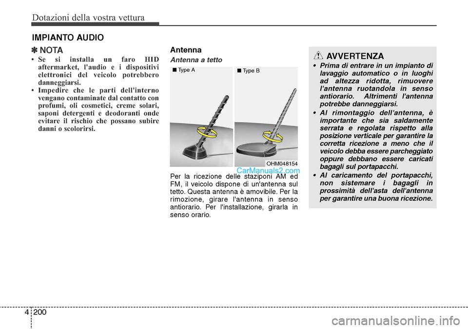 Hyundai Santa Fe 2016  Manuale del proprietario (in Italian) Dotazioni della vostra vettura
200 4
✽NOTA
• Se si installa un faro HID
aftermarket, laudio e i dispositivi
elettronici del veicolo potrebbero
danneggiarsi.
• Impedire che le parti dellinterno