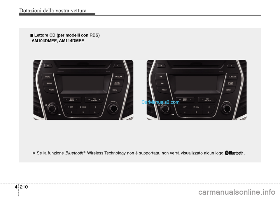 Hyundai Santa Fe 2016  Manuale del proprietario (in Italian) Dotazioni della vostra vettura
210 4
■ Lettore CD (per modelli con RDS)
AM104DMEE, AM114DMEE
❋Se la funzione 
Bluetooth®Wireless Technology non è supportata, non verrà visualizzato alcun logo  