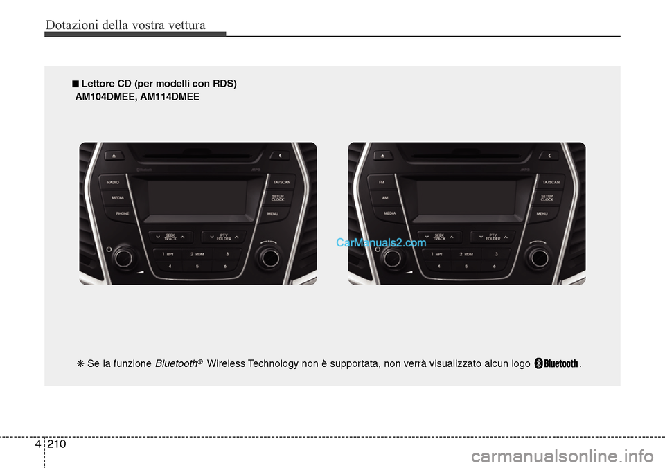 Hyundai Santa Fe 2016 Manuale del proprietario (in Italian) Dotazioni della vostra vettura
210 4
■ Lettore CD (per modelli con RDS)
AM104DMEE, AM114DMEE
❋Se la funzione
Bluetooth®Wireless Technology non è supportata, non verrà visualizzato alcun logo Hyundai Santa Fe 2016 Manuale del proprietario (in Italian) Dotazioni della vostra vettura
210 4
■ Lettore CD (per modelli con RDS)
AM104DMEE, AM114DMEE
❋Se la funzione
Bluetooth®Wireless Technology non è supportata, non verrà visualizzato alcun logo
