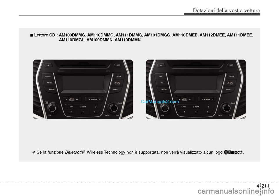 Hyundai Santa Fe 2016  Manuale del proprietario (in Italian) 4 211
Dotazioni della vostra vettura
■ Lettore CD : AM100DMMG, AM110DMMG, AM111DMMG, AM101DMGG, AM110DMEE, AM112DMEE, AM111DMEE,
AM110DMGL, AM100DMMN, AM110DMMN
❋Se la funzione 
Bluetooth®Wireles