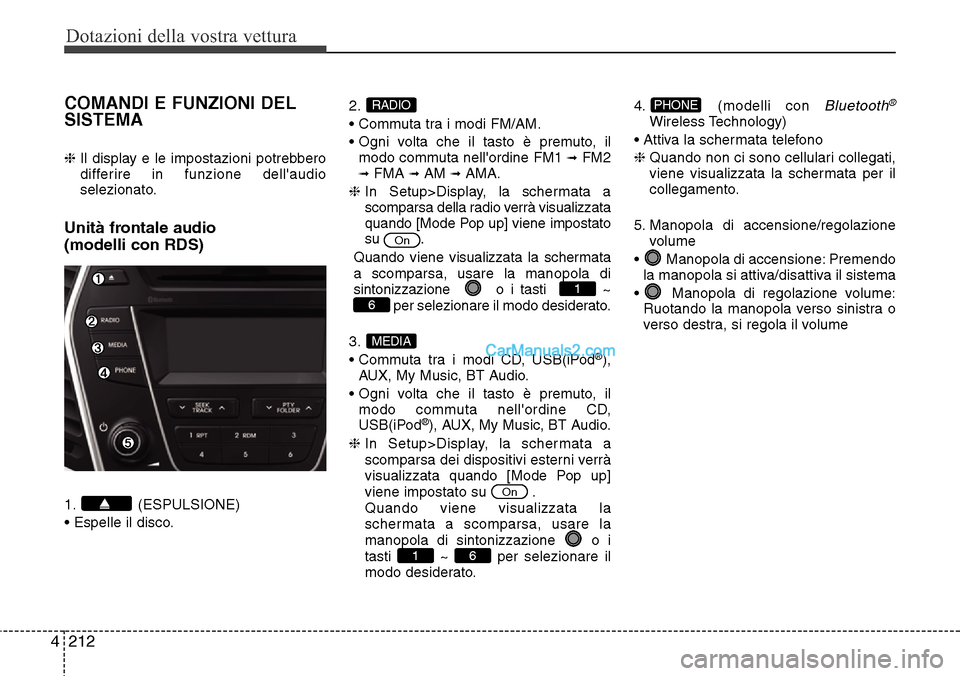 Hyundai Santa Fe 2016  Manuale del proprietario (in Italian) Dotazioni della vostra vettura
212 4
COMANDI E FUNZIONI DEL
SISTEMA
❈ Il display e le impostazioni potrebbero
differire in funzione dellaudio
selezionato.
Unità frontale audio 
(modelli con RDS)
1