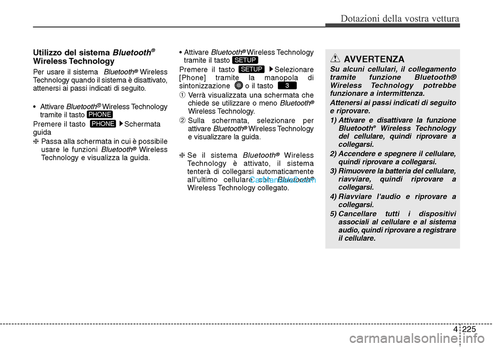 Hyundai Santa Fe 2016 Manuale del proprietario (in Italian) 4 225
Dotazioni della vostra vettura
Utilizzo del sistema Bluetooth®
Wireless Technology
Per usare il sistema Bluetooth®Wireless
Technology quando il sistema è disattivato,
attenersi ai passi ind Hyundai Santa Fe 2016 Manuale del proprietario (in Italian) 4 225
Dotazioni della vostra vettura
Utilizzo del sistema Bluetooth®
Wireless Technology
Per usare il sistema Bluetooth®Wireless
Technology quando il sistema è disattivato,
attenersi ai passi ind